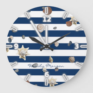 Adorable Seashells ,Navy Blue Stripes-Personalized Große Wanduhr