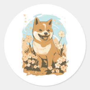 Adorable Shiba Inu T - Shirt Art Print mit Grafik Runder Aufkleber