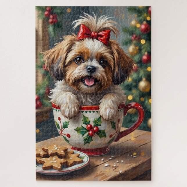 Adorable Shih Tzu Dog in Christmas Mug Cozy Art Puzzle (Vertikal)