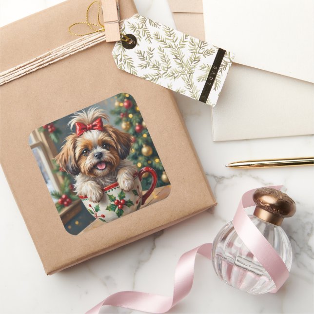 Adorable Shih Tzu Dog in Christmas Mug Cozy Art Quadratischer Aufkleber (Schenken)