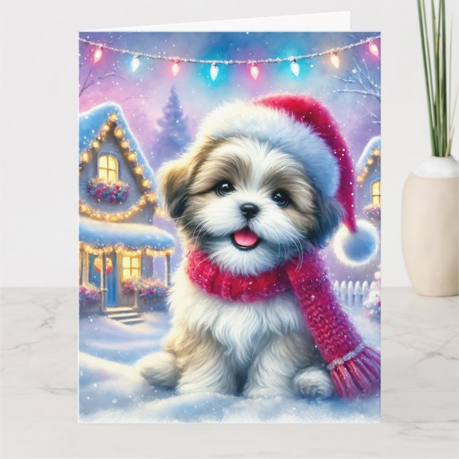 Adorable Shih Tzu Welpe in Christmas Village Karte (Vorderseite)