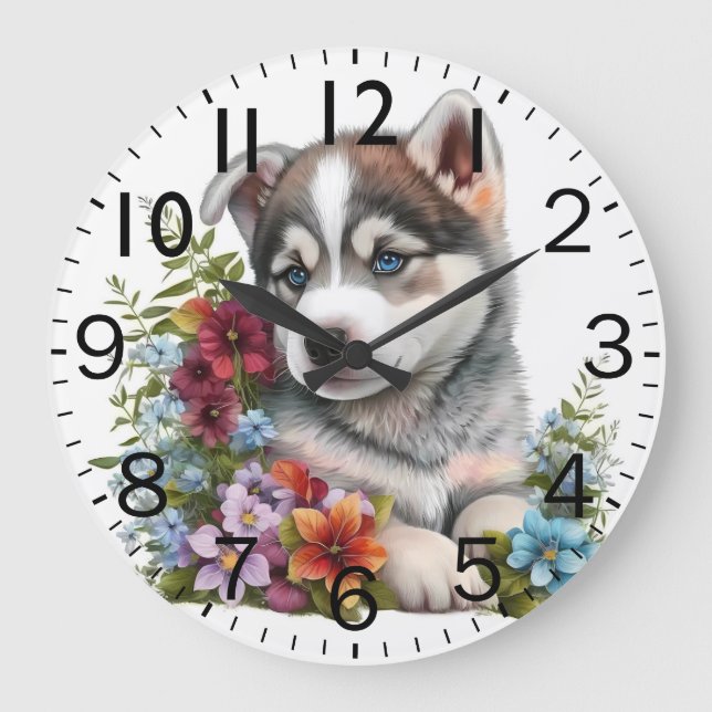 Adorable Siberian Husky Puppy Dog Große Wanduhr (Vorderseite)