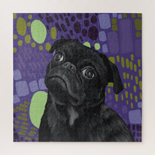Adorable Sitze Schwarzer Mops Hund auf Lila Abstra Puzzle (Vertikal)