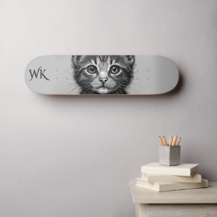 Adorable Sketch Young Cat Monogram Skateboard