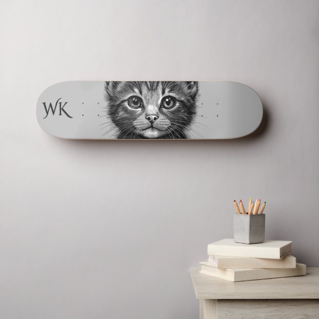 Adorable Sketch Young Cat Monogram Skateboard (Wandkunst (Horz))
