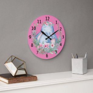 Adorable Sleepy Elephant PInk Floral Baby Kinderzi Große Wanduhr