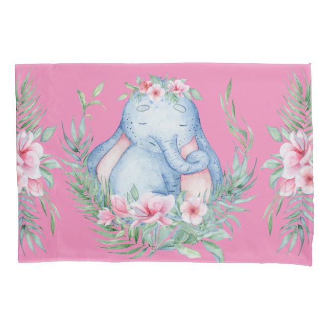 Adorable Sleepy Elephant PInk Floral Kids Room Kissenbezug (Vorderseite-Links)