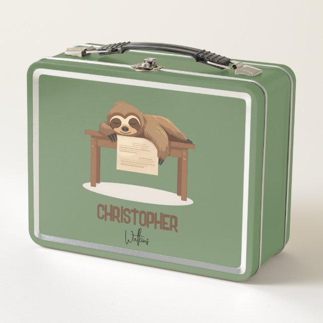 Adorable Sleepy Studium Sloth mit Kindername Metall Brotdose (Vorderseite)
