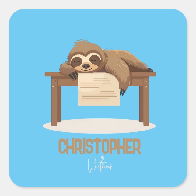Adorable Sleepy Studium Sloth mit Kindername Quadratischer Aufkleber (Vorderseite)
