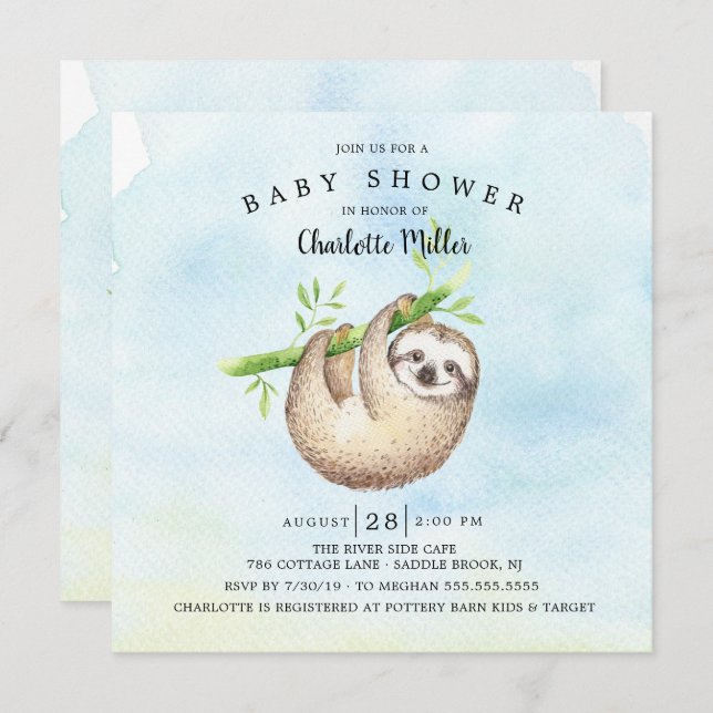 Adorable Sloth Baby Dusche Einladung (Vorne/Hinten)