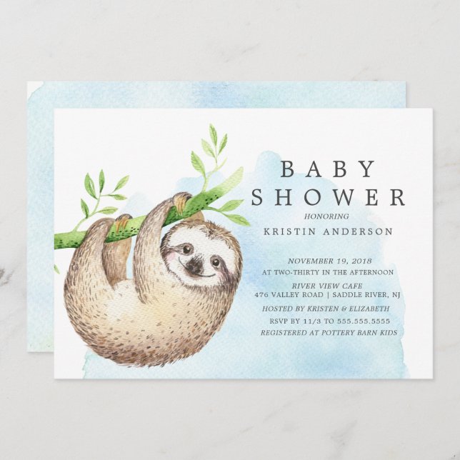 Adorable Sloth Baby Dusche Einladung (Vorne/Hinten)