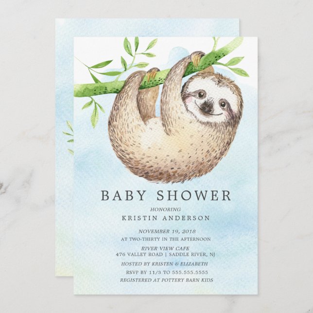 Adorable Sloth Baby Dusche Einladung (Vorne/Hinten)