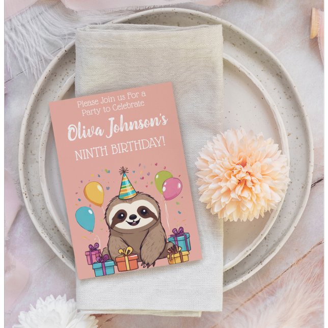 Adorable Sloth Girls Geburtstag Pink Party Einladung (Sweet sloth birthday party invitation. )