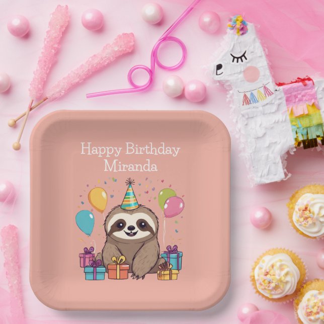 Adorable Sloth Happy Geburtstag Personalisiert Pin Pappteller (Party)