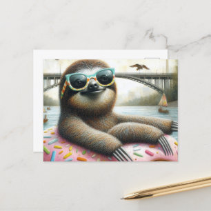 Adorable Sloth schwebend in Doughnut Postkarte