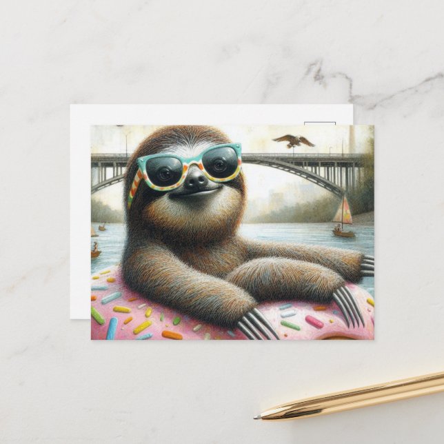 Adorable Sloth schwebend in Doughnut Postkarte (Vorderseite/Rückseite Beispiel)
