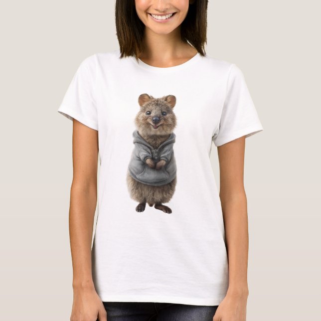 Adorable Smiling Quokka in a Grey Hoodie T-Shirt (Vorderseite)