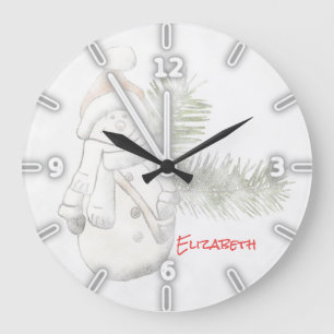 Adorable Snowman Wiith Santa Hat -Personalized Große Wanduhr