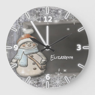 Adorable Snowman With Santa Hat,Snowflakes Große Wanduhr