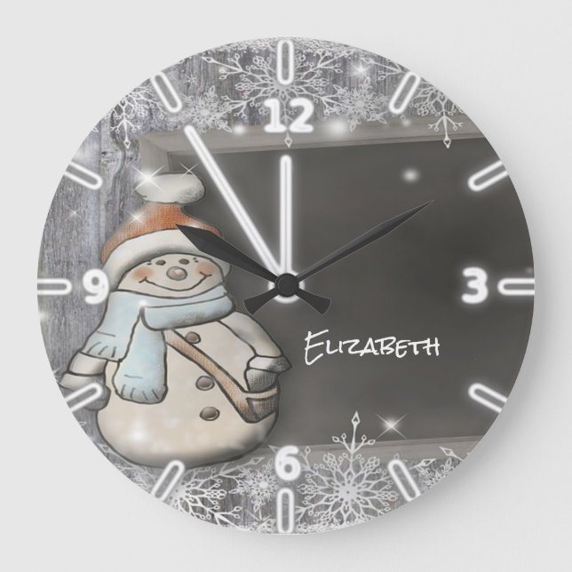 Adorable Snowman With Santa Hat,Snowflakes Große Wanduhr (Vorderseite)