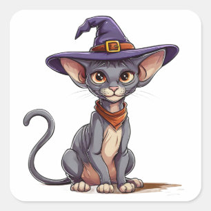 Adorable Sphynx Cat in Hexenhut Quadratischer Aufkleber