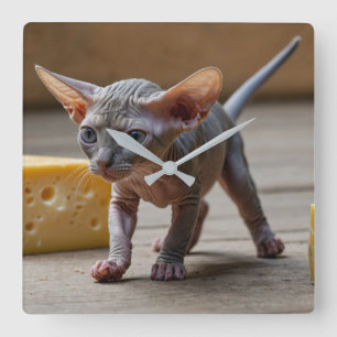 Adorable Sphynx Kitten und Käse Quadratische Wanduhr