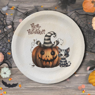 Adorable Spooky Halloween Black n' White Kitten Pappteller