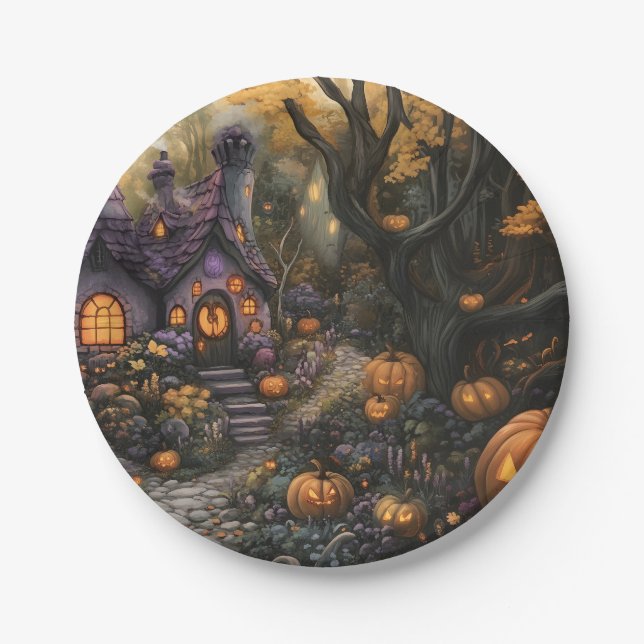 Adorable Spooky House and Halloween Pumpkin Patch Pappteller (Vorderseite)