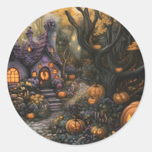 Adorable Spooky House and Halloween Pumpkin Patch Runder Aufkleber