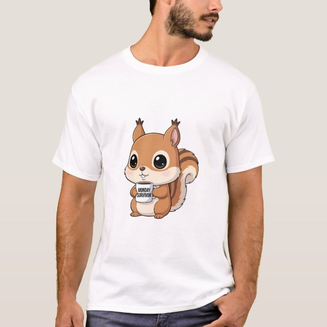 Adorable Squirrel Holding “Monday Survivor” Mug T-Shirt (Vorderseite)