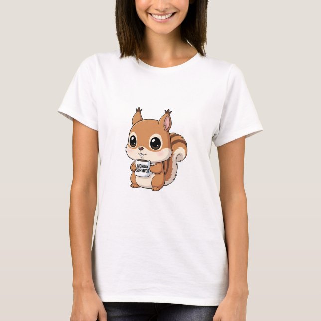 Adorable Squirrel Holding “Monday Survivor” Mug T-Shirt (Vorderseite)