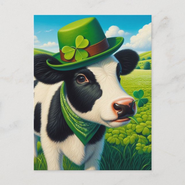 Adorable St. Patrick's Day Schwarze und Weiße Kuh Postkarte (Vorderseite)