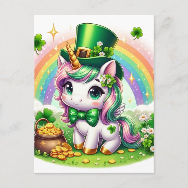 Adorable St. Patricks Day Unicorn Rainbow Gold Postkarte (Vorderseite)