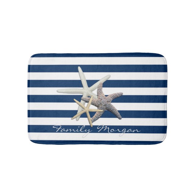Adorable Starfish, Navy Blue Stripes Personalisier Badematte (Vorderseite)