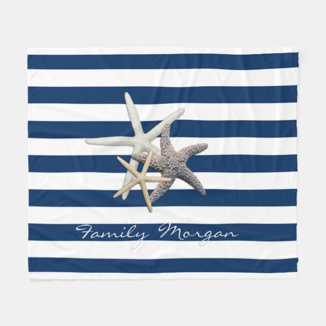 Adorable Starfish, Navy Blue Stripes Personalisier Fleecedecke (Vorderseite (Horizontal))