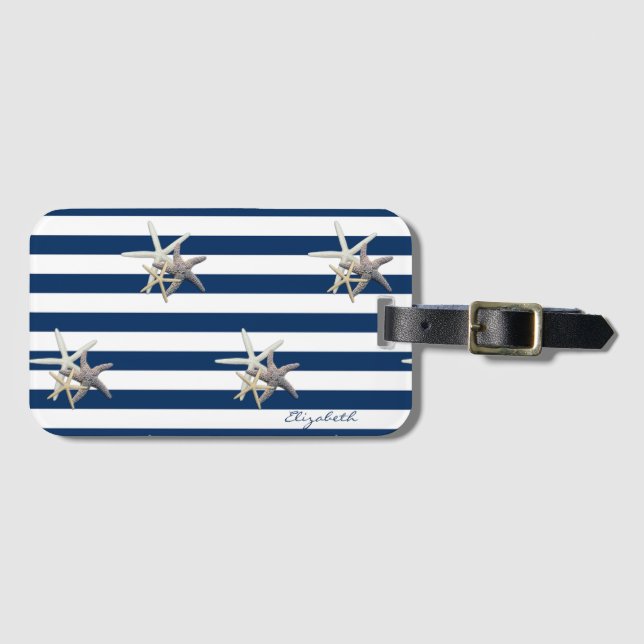 Adorable Starfish, Navy Blue Stripes Personalisier Gepäckanhänger (Vorderseite (Horizontal))