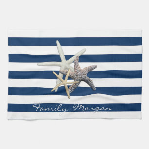 Adorable Starfish, Navy Blue Stripes Personalisier Geschirrtuch