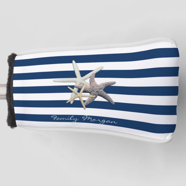 Adorable Starfish, Navy Blue Stripes Personalisier Golf Headcover (Vorderseite)