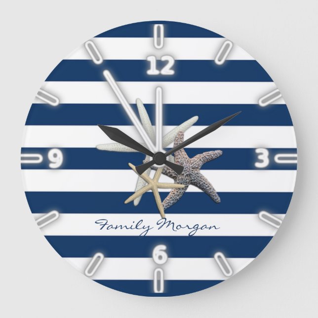 Adorable Starfish, Navy Blue Stripes Personalisier Große Wanduhr (Vorderseite)