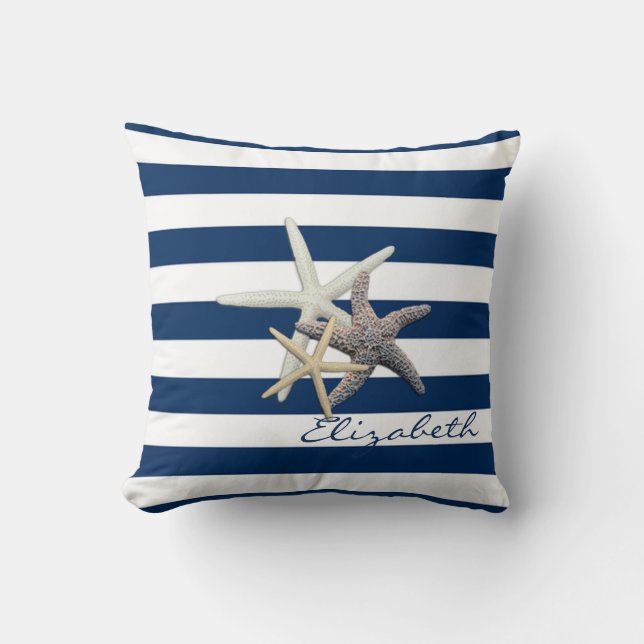 Adorable Starfish, Navy Blue Stripes Personalisier Kissen (Vorderseite)