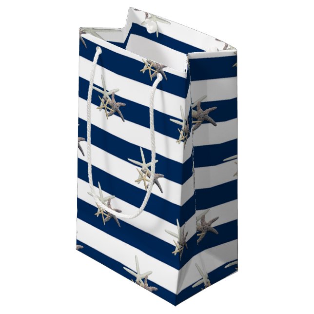 Adorable Starfish, Navy Blue Stripes Personalisier Kleine Geschenktüte (Vorderseite Schrägansicht)