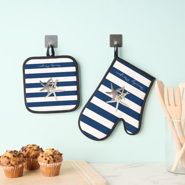 Adorable Starfish, Navy Blue Stripes Personalisier Ofenhandschuh & Topflappen-Set (Insitu (Hängend))