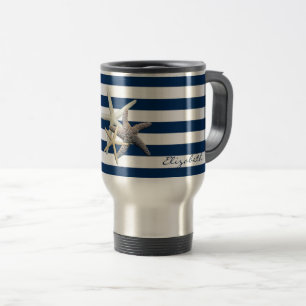 Adorable Starfish, Navy Blue Stripes Personalisier Reisebecher