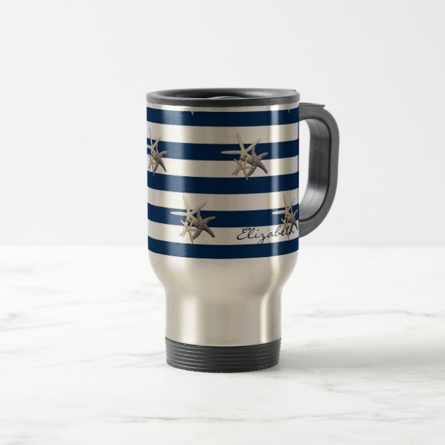 Adorable Starfish, Navy Blue Stripes Personalisier Reisebecher (VorderseiteRechts)