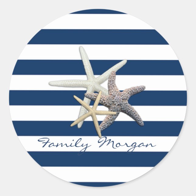 Adorable Starfish, Navy Blue Stripes Personalisier Runder Aufkleber (Vorderseite)