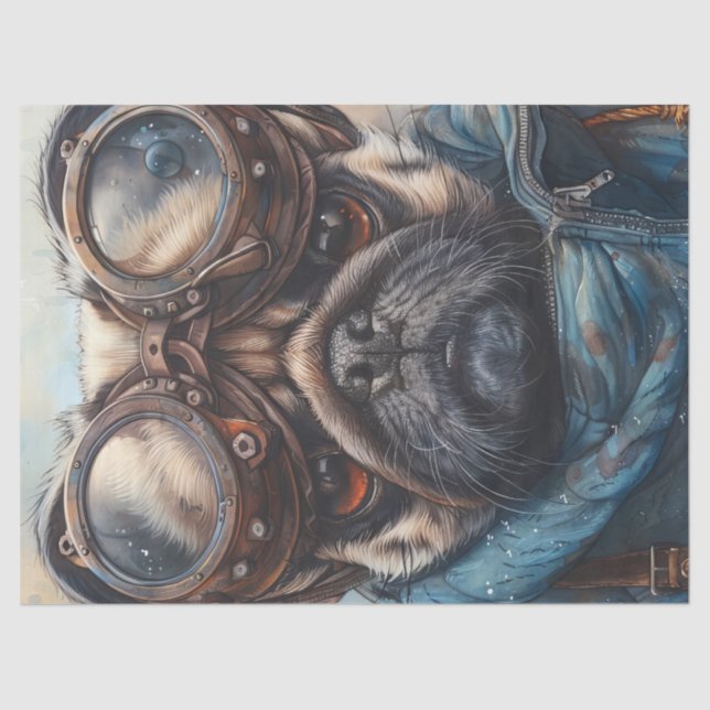 Adorable Steampunk Mops Hund mit Brille Decoupage Seidenpapier (Vorderseite)