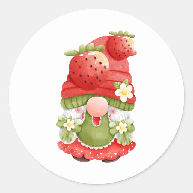 Adorable Strawberry Garden Gnome Runder Aufkleber (Vorderseite)