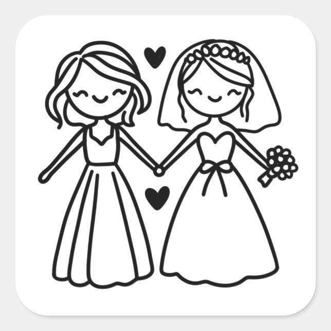 Adorable Strichmännchen Lesbian Brides Wedding Quadratischer Aufkleber (Vorderseite)