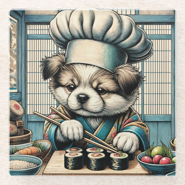 Adorable Sushi Koch Puppy Glasuntersetzer (Vorderseite)