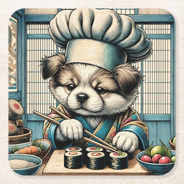 Adorable Sushi Koch Puppy Rechteckiger Pappuntersetzer (Vorderseite)